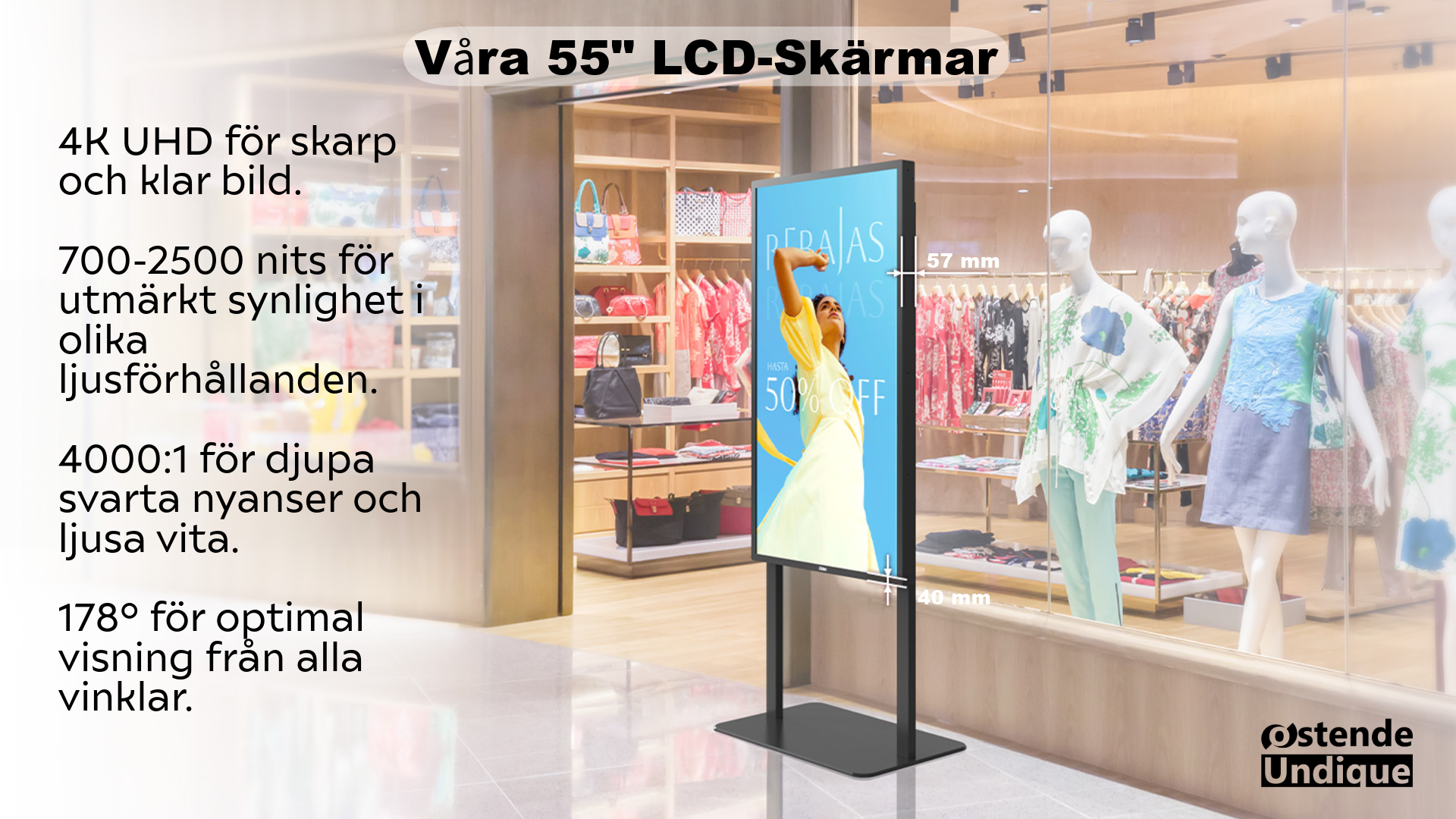 55" LCD-skärm i butiksmiljö med produktinformation