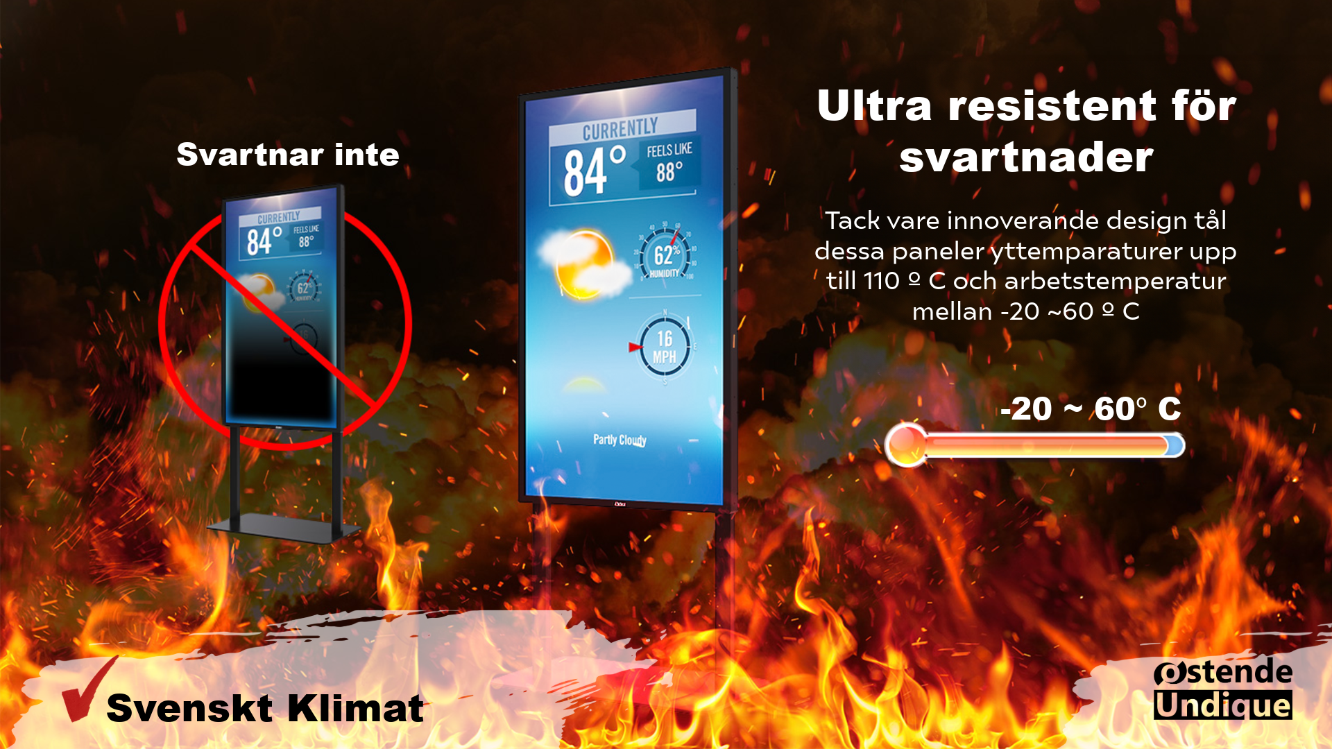 LCD-skärm med väderinformation och text om värmetålighet